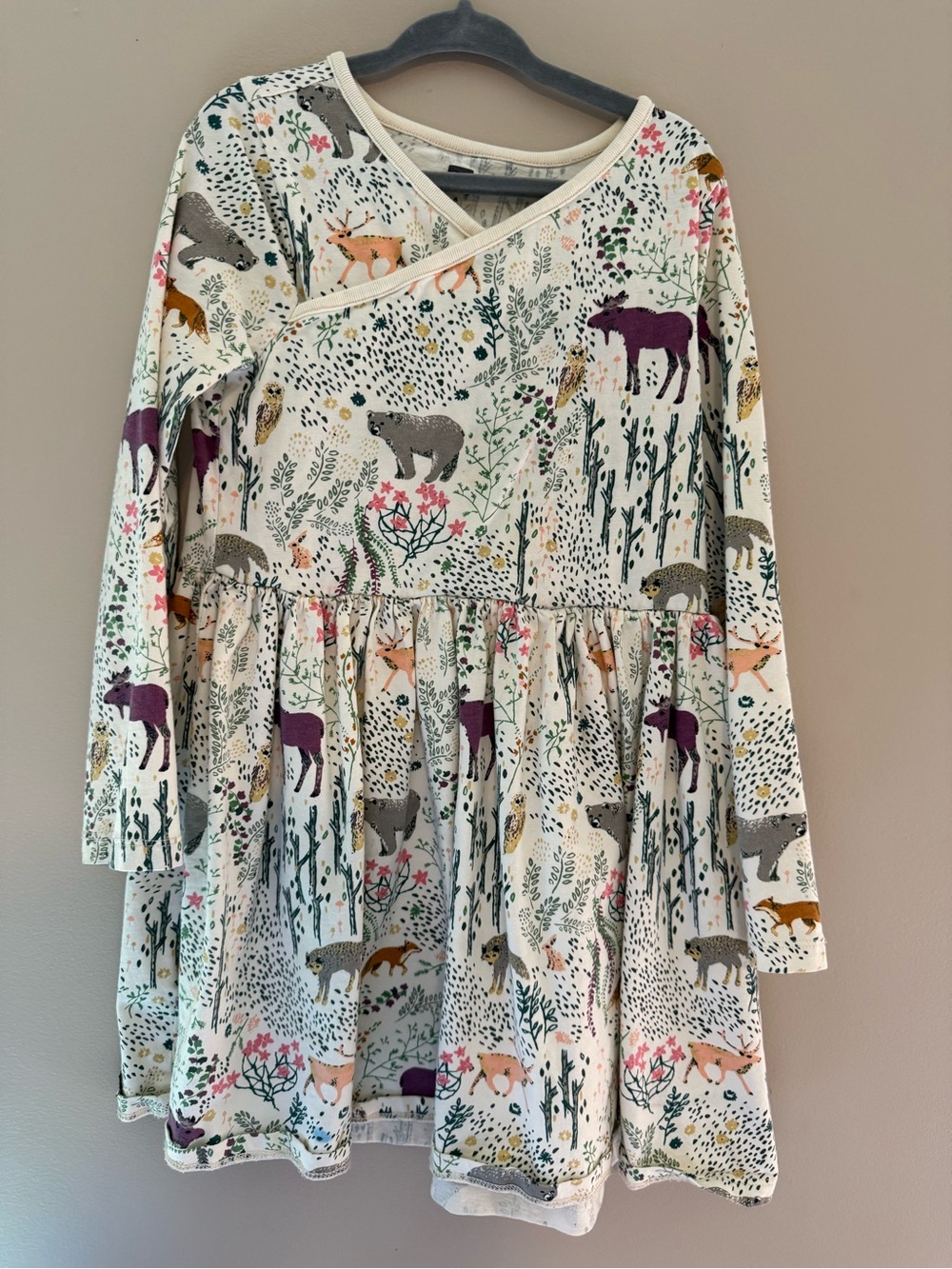 Tea Collection Cream Long Sleeve Dress with Multicolor Woodland Animals